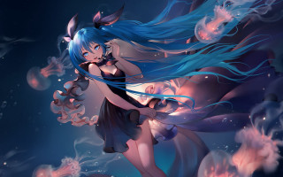 Blue hair girl flying night - the air free wallpaper