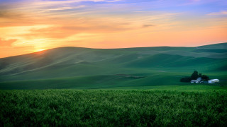 Green field house sunset clouds - a house in the middle of it free wallpaper