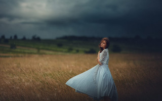 Woman white dress field cloudy 2 - dark cloud free wallpaper for desktop