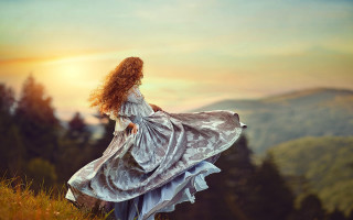 Woman dress hill sunset trees - a storybook illustration free wallpaper