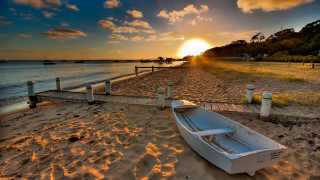 Beach sunset boat ocean sky - bascove free wallpaper for desktop