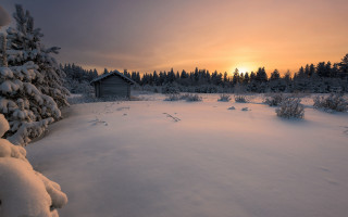 Snowy cabin trees dusk matte - a snowy field free wallpaper
