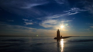 Lighthouse island ocean sunset cityscape - fitz henry lane free wallpaper for desktop