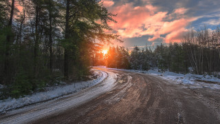 Snowy road sunset cityscape forest - both side of the road free wallpaper