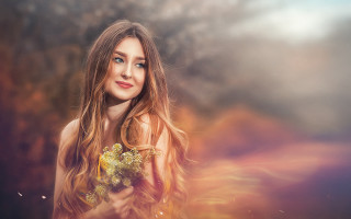 Woman long hair flower bouquet - free autumn wallpaper