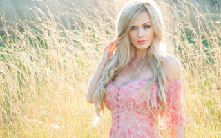 Pink dress woman field wind - tall free wallpaper