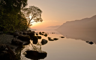 Lake rocks trees sunset silhouette - sunrise free wallpaper for desktop