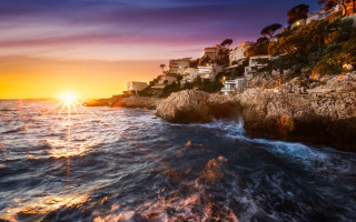 Sunset ocean houses cliff waves - house free wallpaper for desktop