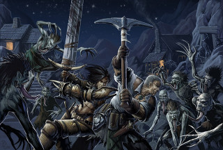 Mountain night fullmoon demon axe - fantasy artwork free wallpaper