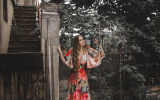 Woman tree fence bird artnouveau - art nouveau free wallpaper