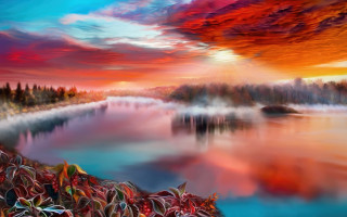 Lake reflection mountain sunset colorful - a painting of a lake free wallpaper