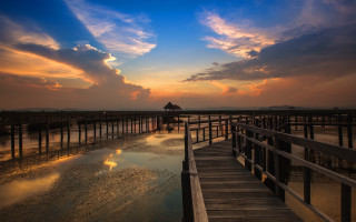 Wooden walkway pier sunset clouds - arthur pan free wallpaper