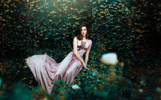 Woman pink dress field flower - art nouveau free wallpaper