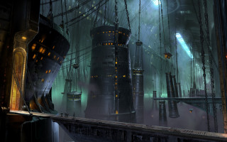 Futuristic city clocktower night bridge - a futuristic city free wallpaper