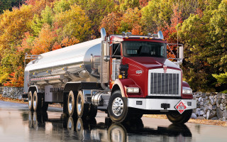 Red white truck autumn forest - truck free wallpaper