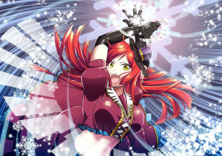 Woman red hair red jacket - official art free wallpaper for desktop
