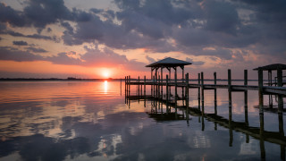 Pier gazebo sunset water clouds 2 - a pier free wallpaper for desktop