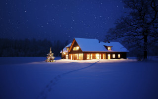 Snow christmas house lights aurora - a house free wallpaper for desktop