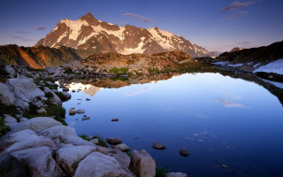 Mountain lake rocks boulders sunset - rock and boulders free wallpaper