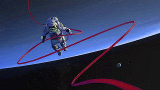 Space astronaut flying red ribbon - christopher balaskas free wallpaper