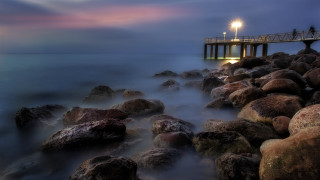 Rocky beach pier night mystical - the end free wallpaper