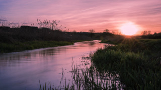 River sunset grass horizon mountain - anamorphic len free wallpaper for desktop