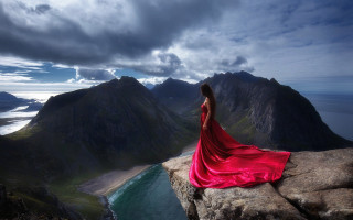Woman red dress rock lake 2 - dirk crabeth free wallpaper