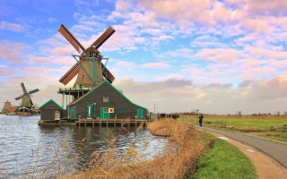 Windmill river road field person - a windmill free wallpaper for desktop