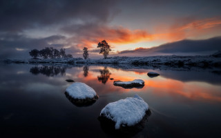 Lake snow rocks tree sunset 2 - a sunset in the background free wallpaper