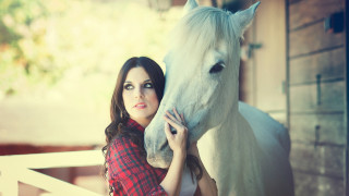 Woman horse portrait outdoors plaid - a white horse free wallpaper