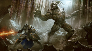 Man fighting giant creature forest - a sword and a demon free wallpaper