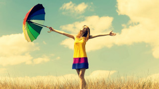 Woman yellow dress rainbow umbrella - tall free wallpaper