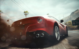 Red sports car palm traffic - motion blur free wallpaper