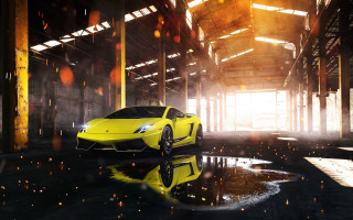 Yellow sports car warehouse reflection - a warehouse free wallpaper