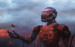 Robot butterfly field clouds retrofuturism - free sci-fi wallpaper