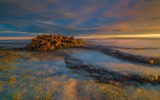 Island water sky clouds autumn - rich moody colour free wallpaper