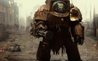 Mechanical suit man gasmask street - a machine gun free wallpaper