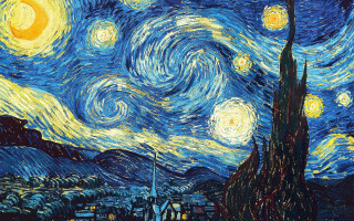 Starry night building mountain foreground - postimpressionism free wallpaper