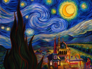 Church starry night full moon - postimpressionism free wallpaper