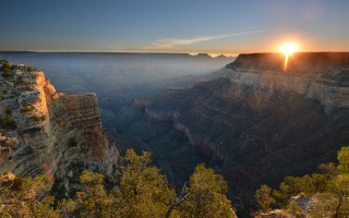 Sunset canyon trees rocks cliff - rim light free wallpaper for desktop