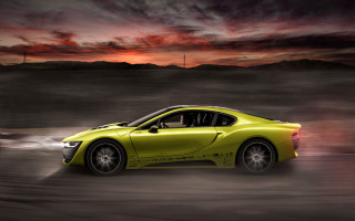 Yellow sports car sunset red - a red sky in the background free wallpaper