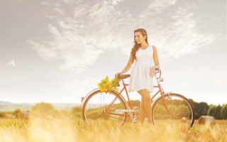 Woman white dress bike field - araceli gilbert free wallpaper for desktop