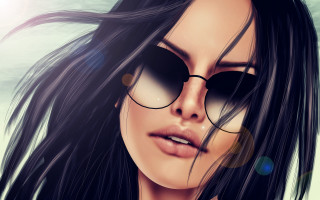 Woman sunglasses necklace sky clouds - realistic shaded perfect face free wallpaper