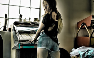 Woman window computer desk denim - anita kunz free wallpaper