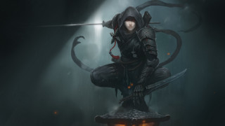 Woman sword demon fantasy armor - a black outfit holding free wallpaper