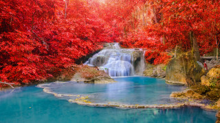 Waterfall trees blue pool autumn - a blue pool in the middle of it free wallpaper