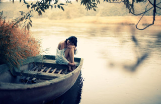 Woman boat lake tree bird - river free wallpaper