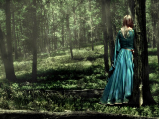 Woman blue dress forest trees - the ground and a path free wallpaper