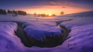 Snowy stream sunset landscape trees - ferenc joachim free wallpaper