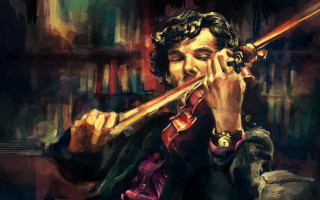 Man playing violin room bookshelves - oil painting free wallpaper